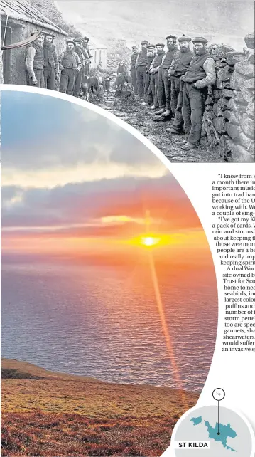  ??  ?? St Kilda residents, left, in 1926, four years before the island was abandoned and, below, Conor’s picture of a sunset on the island last week