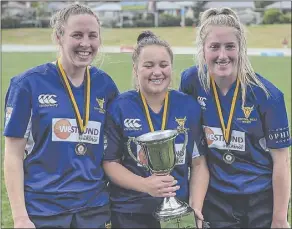  ??  ?? New Blues Jean Littlewood, Olivia Creswick and Savannah Dimmock set the scene when they were part of Mel Waterford's team that retained the Women's trophy with a seven-try thumping of Hunter Newcastle. Bring on 2022 and the opportunit­y to create more Central West history!