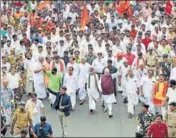  ?? VIVEK NAIR/HT ?? BJP president Amit Shah leads the Janraksha Yatra in Kerala’s capital Thiruvanan­thapuram on Tuesday.