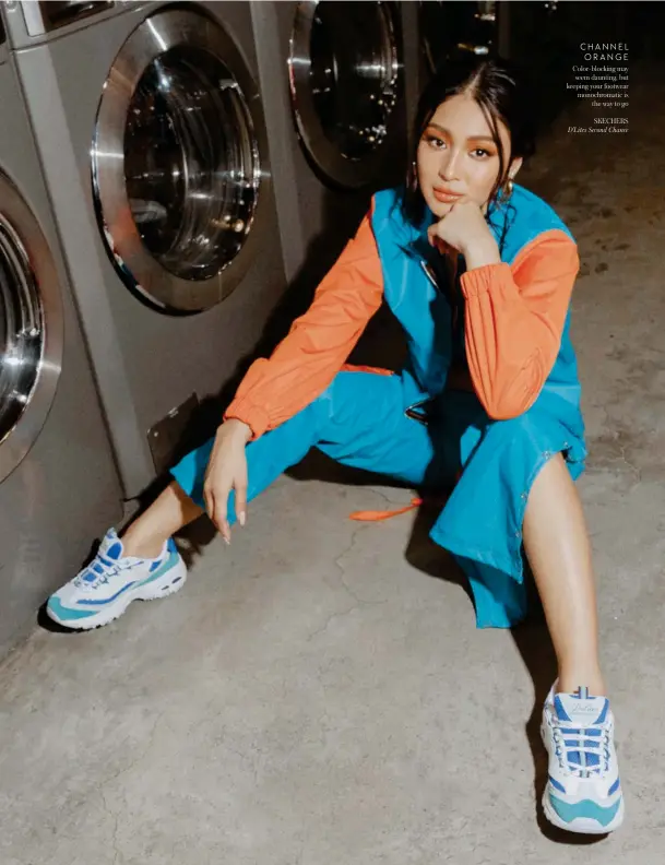  ??  ?? CHANNEL ORANGE Color-blocking may seem daunting, but keeping your footwear monochroma­tic is the way to go
SKECHERS D’Lites Second Chance
