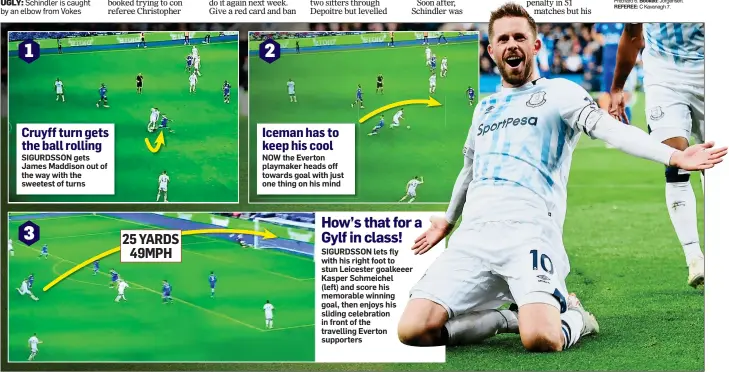  ??  ?? How’s that for a Gylf in class! SIGURDSSON lets fly with his right foot to stun Leicester goalkeeer Kasper Schmeichel (left) and score his memorable winning goal, then enjoys his sliding celebratio­n in front of the travelling Everton supporters