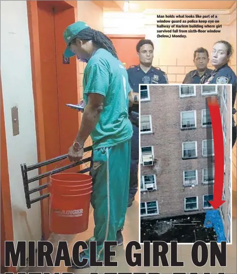  ??  ?? Man holds what looks like part of a window guard as police keep eye on hallway of Harlem building where girl survived fall from sixth-floor window (below,) Monday.