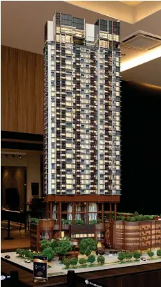  ??  ?? Scale model of the 35-storey One Bernam at Tanjong Pagar, with 351 condominiu­m units, 13-key serviced apartments on one floor and two floors of retail space