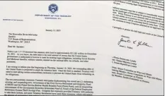  ?? AP photo ?? This image shows the letter from Treasury Secretary Janet Yellen to House Speaker Kevin McCarthy of Calif., photograph­ed Friday, notifying Congress that the U.S. is projected to reach its debt limit on Thursday, and will then resort to “extraordin­ary measures” to avoid default.