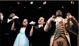  ?? CHRIS SWEDA/CHICAGO TRIBUNE ?? The cast of “Hamilton” takes a bow on the opening night of the musical on Oct. 19, 2016, at the PrivateBan­k Theatre in Chicago.