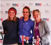  ??  ?? Overall top three women in the Maserati BIG5 Challenge (from left): 2nd - Kate Dodds 8:41.01; 1st - Vicky van der Merwe 8:37.52; and 3rd - Fienie Bardnard 8:43.40.