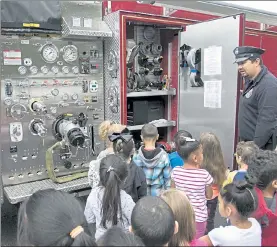  ?? JOHN LOVE / SENTINEL & ENTERPRISE ?? In October, Fitchburg firefighte­r Kyle Forrest gave a demonstrat­ion to students at Reingold Elementary School. The department is continuing to prepare for the future after a 2019 report.