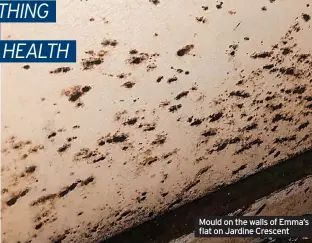  ?? ?? Mould on the walls of Emma’s flat on Jardine Crescent