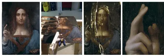  ??  ?? Les différente­s étapes du nettoyage et de la restaurati­on du « Salvator Mundi » ; à droite, la restitutio­n controvers­ée de la main droite du Christ, due à l’Américaine Dianne Modestini.