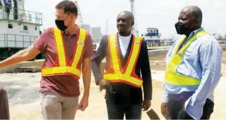  ??  ?? L-R: Paul Linden, managing director, SIFAX Inland Container Terminal, Ijora Causeway; Oluwadare Filani, business developmen­t manager, SIFAX Group; and Bill Twehway, managing director, National Port Authority of Liberia, during a tour of SIFAX Inland Container Terminal, Ijora Causeway, Lagos by the Liberian Port Authority officials, recently