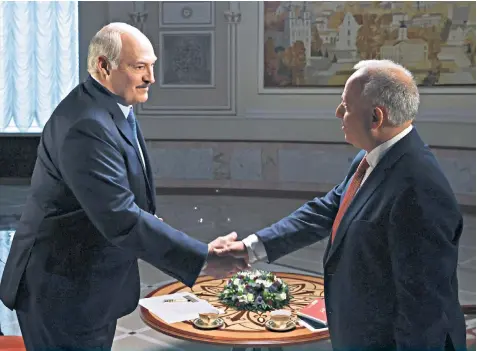  ?? ?? Alexander Lukashenko, left, the Belarusian president, greets Steven Rosenberg, the BBC’S Moscow correspond­ent