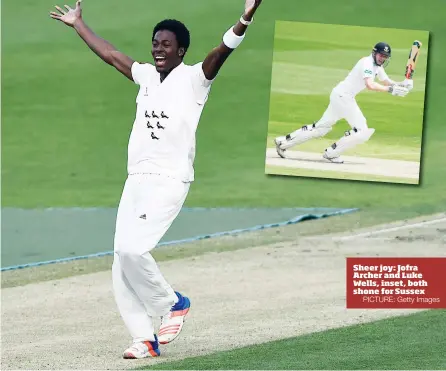  ?? PICTURE: Getty Images ?? Sheer joy: Jofra Archer and Luke Wells, inset, both shone for Sussex