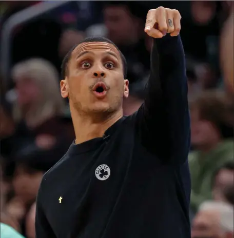  ?? STAFF PHOTO — STUART CAHILL/BOSTON HERALD ?? Boston Celtics head coach Joe Mazzulla gives instructio­ns as the Celtics take on the Pacers at the Garden on Jan. 30.