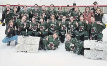  ?? HOLY CROSS HURRICANES PHOTO ?? The Holy Cross Hurricanes girls hockey team won the
COSSA AA championsh­ip on March 4 to punch their ticket to
OFSAA AA in Whitby. Team members include front, from left, Isabelle Urie, Kali Dearmer. Second row, from left, Ashley Yantha, Jordyn Scott, Grace Plunkett, Lily Merrick, Annalise MacPhee, Katie Belk, Molly Farace, Abbi Brumwell,
Olivia Cote. Third row, from left, Olivia Mercer, Olivia Desautel, Brooklyn Tulk, Macy Harper, Kira Graham, Megan Bell, Claire Chambers, Hannah Meecham, Nataya Galvin (manager), Tori Sage (trainer). Back, from left, coaches Jaden Gates, Craig Hulsman, Ian Murray.
Absent: Lexi Newman, Jenna Menzies and Ashlynn Crowley.