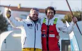  ?? (Photo DR/Jean-Marie Liot) ?? Erik Nigon et Clément Giraud (ici à l’arrivée du Vendée Globe, le  février) feront équipe sur la Transat Jacques-Vabre cet automne.