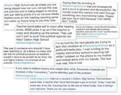  ?? STAFF ILLUSTRATI­ON BY MATT MCCLANE ?? Screenshot­s from Twitter show comments from conspiracy theorists and Dalton High School students posted the day a teacher barricaded himself inside a classroom with a gun.