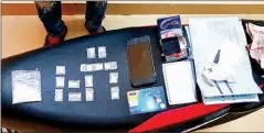  ?? POLICE ?? During drug traffickin­g suspect Pov Sopheak’s arrest, police impounded 15 packages containing crystal methamphet­amine, a motorbike, mobile phone, debit card, backpack, and kits for packaging illicit drugs.