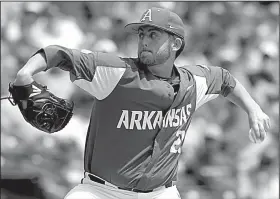  ?? NWA Democrat-Gazette/ANDY SHUPE ?? Pitcher Kacey Murphy was a freshman on the 2016 Arkansas baseball team that ended the season on a 13-game losing streak and missed the NCAA Tournament. “We definitely didn’t set the pace for the fans. We didn’t give them what they deserved,” Murphy said. “But we grew from that season, we bounced back, and we showed everyone we had the talent to do something good — to do this.”