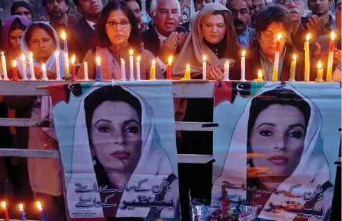  ?? Agencies ?? Clockwise from main image: Benazir Bhutto; PPP supporters at a candelight vigil; the scene of the attack that killed her; Pervez Musharraf; Qari Saifullah Akhtar, a militant with links to Osama bin Laden