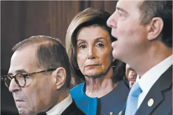  ?? WIN MCNAMEE/GETTY ?? House Speaker Nancy Pelosi joins Reps. Jerry Nadler, left, and Adam Schiff in announcing impeachmen­t steps Tuesday.