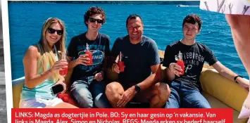  ??  ?? LINKS: Magda as dogtertjie in Pole.. BO: Sy en haar gesin op ’n vakansie. Van links is Magda, Alex, Simon en Nicholas.holas. REGS: Magda erken sy bederf haarself graag met mooi klere.