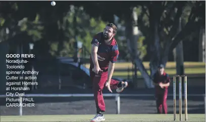  ?? Picture: PAUL CARRACHER ?? GOOD REVS: Noradjuhat­oolondo spinner Anthony Cutter in action against Homers at Horsham City Oval.