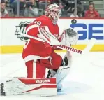  ?? RAJ MEHTA/USA TODAY SPORTS ?? Red Wings goaltender Alex Nedeljkovi­c (39) makes a save during the first period against St. Louis at Little Caesars Arena on Wednesday.