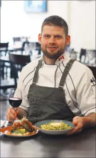  ?? SHELORA SHELDAN/Special to The Herald ?? Chef Brent Pillon of Hillside Bistro with lemon and ricotta Cavatelli with green chickpeas and a 64-degree egg, and lentil croquettes with cashew cream.