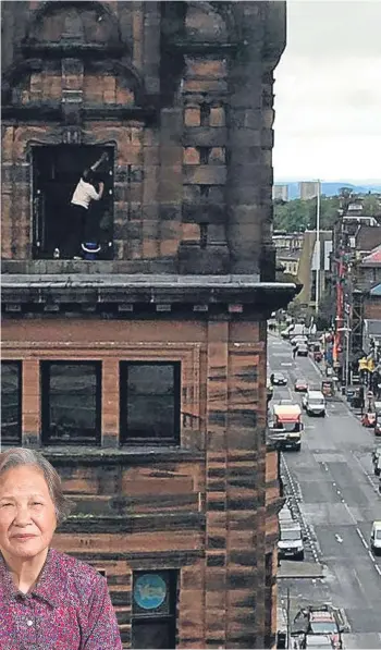  ??  ?? ■ Mo Kam Tai (left) was snapped by her neighbour as she climbed out onto a fifth floor ledge to clean her windows.