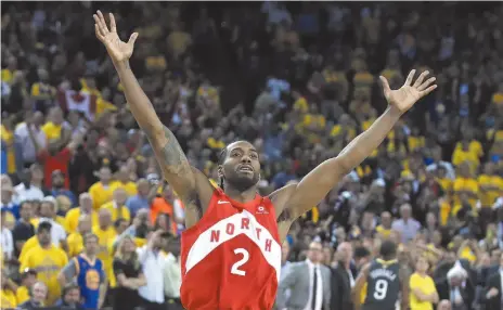  ?? AP PHOTO ?? Toronto Raptors forward Kawhi Leonard celebrates after the Raptors defeated the Golden State Warriors in Game 6 of basketball’s NBA Finals in Oakland on Thursday. Leonard, Marc Gasol and Danny Green are among the many free agents across the league.