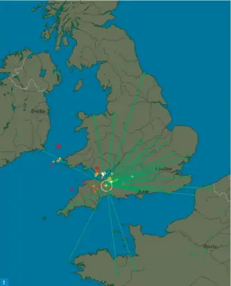  ??  ?? 1
Fig. 1: Blitzortun­g map of lightning strikes from a thundersto­rm in Somerset. Fig. 2: Listening spots around London and driving times to a transmitte­r in South East London. Fig. 3: Times taken for radio signals to reach the ToA listening sites.