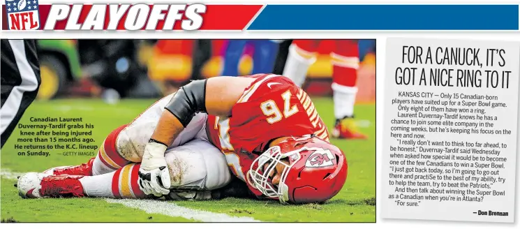  ?? — GETTY IMAGES ?? Canadian Laurent Duvernay-Tardif grabs his knee after being injured more than 15 months ago. He returns to the K.C. lineup on Sunday.