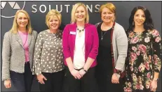  ?? Courtesy photo ?? Cecilia Smith (from left), Drenda Pinkleton, Lauren Marquette, Vicki Cowling and Tara Hannon welcome guests for the More Than Pink Walk kickoff March 6 at Advantage Solutions in Rogers.