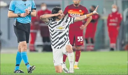  ?? FOTO: AP ?? Cavani, cuatro goles en la eliminator­ia a sus 34 años El delantero uruguayo repitió en Roma el doblete que marcó en Old Trafford