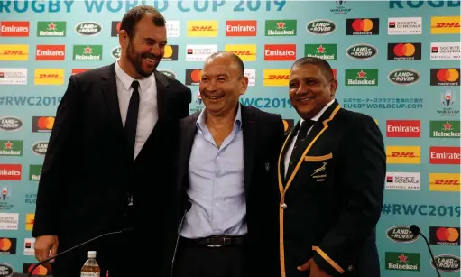  ?? Reuters ?? BRAINS TRUST: From left, Australia coach Michael Cheika, England coach Eddie Jones and South Africa coach Allister Coetzee in upbeat mood at the Rugby World Cup draw in Kyoto yesterday.