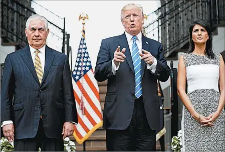  ?? PABLO MARTINEZ MONSIVAIS/ASSOCIATED PRESS ?? President Donald Trump speaks to reporters Friday in New Jersey after meeting with Secretary of State Rex Tillerson and U.N. Ambassador Nikki Haley.