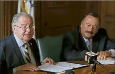  ?? Angela ROWLINGS / BOSTON Herald ?? robert Deleo speaks during a press briefing with Majority Leader ron Mariano during a press briefing Feb. 26. Mariano, who has been at Deleo’s side since he became speaker, would run for speaker if Deleo leaves.