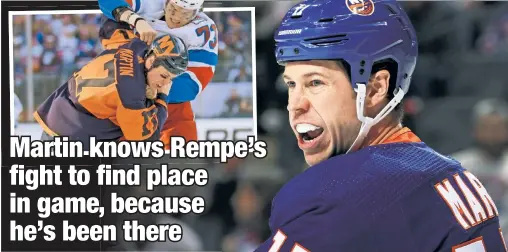  ?? Getty Images ?? PACK A PUNCH: Matt Martin, doing some chirping before the Isles’ 4-2 win over the Blueshirts, got a first-hand introducti­on to Rangers rookie Matt Rempe in his first game in the league. As a fighter himself, he knows what it’s like to try to stick in the NHL.