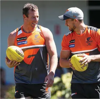  ?? PHOTO: PHILIP HILLYARD/NEWS CORP ?? GETTING PREPARED: Steve Johnson and Brett Deledio walking laps during the GWS Giants’ open training session.
