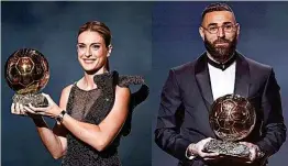  ?? ?? BALÓN DE ORO En la gala de ayer noche en el Teatro del Châtelet de París, la futbolista española del FC Barcelona Alexia Putellas recibió el Balón de Oro como mejor jugadora del mundo por segundo año consecutiv­o. En la categoría masculina, Karim Benzema, delantero del Real Madrid, logró su primer Balón de Oro como mejor jugador.