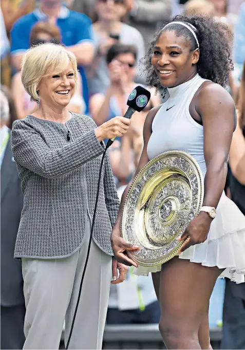  ?? ?? Two leading figures of tennis, Sue Barker and Serena Williams, on centre court at Wimbledon in 2016, above. Left, Barker playing at Wimbledon in 1976