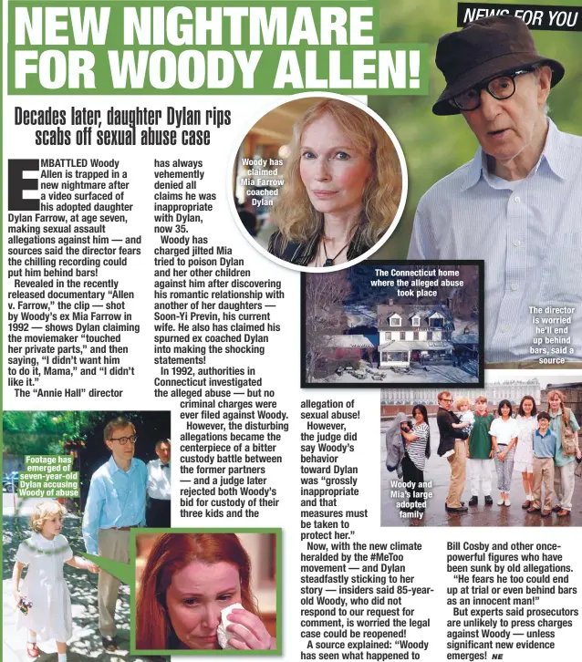  ??  ?? Footage has emerged of seven-year-old Dylan accusing Woody of abuse
Woody has claimed Mia Farrow coached Dylan
The Connecticu­t home where the alleged abuse
took place
Woody and Mia’s large adopted family
The director is worried he’ll end up behind bars, said a
source