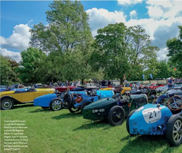  ??  ?? From Grand Prix racers to coachbuilt beauties, the Prescott orchard was packed with Bugattis. Below, l-r: supremely elegant Type 57 Atalante, styled by Ettore’s brilliant son Jean; Henry Pearman of Eagle leads the parade in his GP Type 51