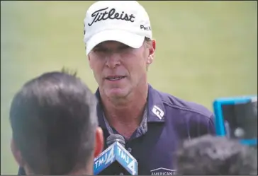  ?? The Associated Press ?? HOMETOWN HERO: Steve Stricker answers questions after a practice round for the U.S. Open golf tournament Monday at Erin Hills in Erin, Wis.