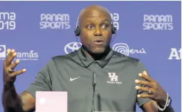  ?? AP ?? Nine-time Olympic gold medallist Carl Lewis, from the United States, speaks during a press conference during the Pan American Games in Lima, Peru, Monday, August 5, 2019.