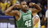  ?? JED JACOBSOHN — THE ASSOCIATED PRESS ?? Boston’s Al Horford (42) celebrates during Game 1 of the NBA Finals against the Golden State Warriors on Thursday night.