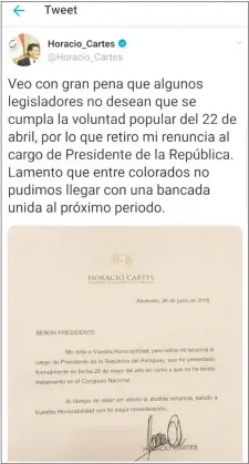  ??  ?? Filártiga aún corría a la sede del Congreso ayer con la nota de Cartes, cuando este ya la publicaba en el Twitter.