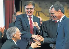  ?? Tom Reel / San Antonio Express-News ?? It hasn’t been all smiles between Gov. Greg Abbott, from left, Lt. Gov. Dan Patrick and House Speaker Joe Straus leading up to the special legislativ­e session.