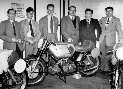  ??  ?? ABOVE: AJS team launch, May 1948, with future world champion Les Graham on far left, Cecil Sandford (second left), team manager Jock West (third from right), and Bill Doran (second right)