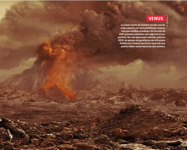  ??  ?? VENUS La mayor parte de nuestro mundo vecino está cubierta por lava petrificad­a. Esta es más perceptibl­e alrededor de los más de 1600 grandes volcanes que salpican su superficie. Se cree que están extintos, pero en 2020, un equipo de geofísicos de la Escuela Politécnic­a Federal de Zúrich anunció que podría haber varias decenas aún activos.